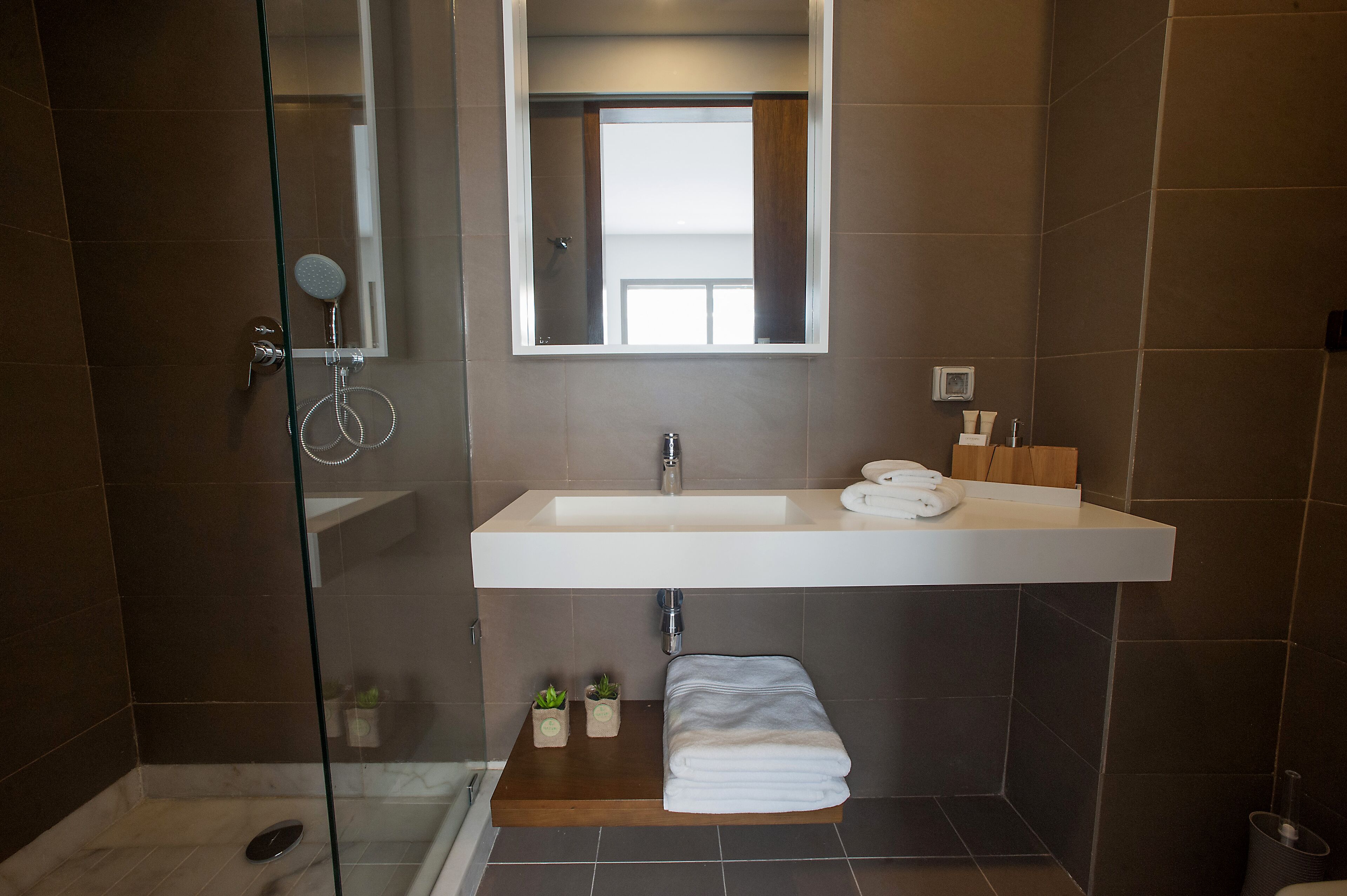 A modern bathroom with a glass shower enclosure, a white sink, and a mirror above it.