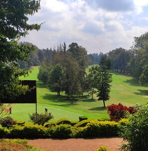 Un campo de golf con calles impecables, un putting green y un mástil con bandera.