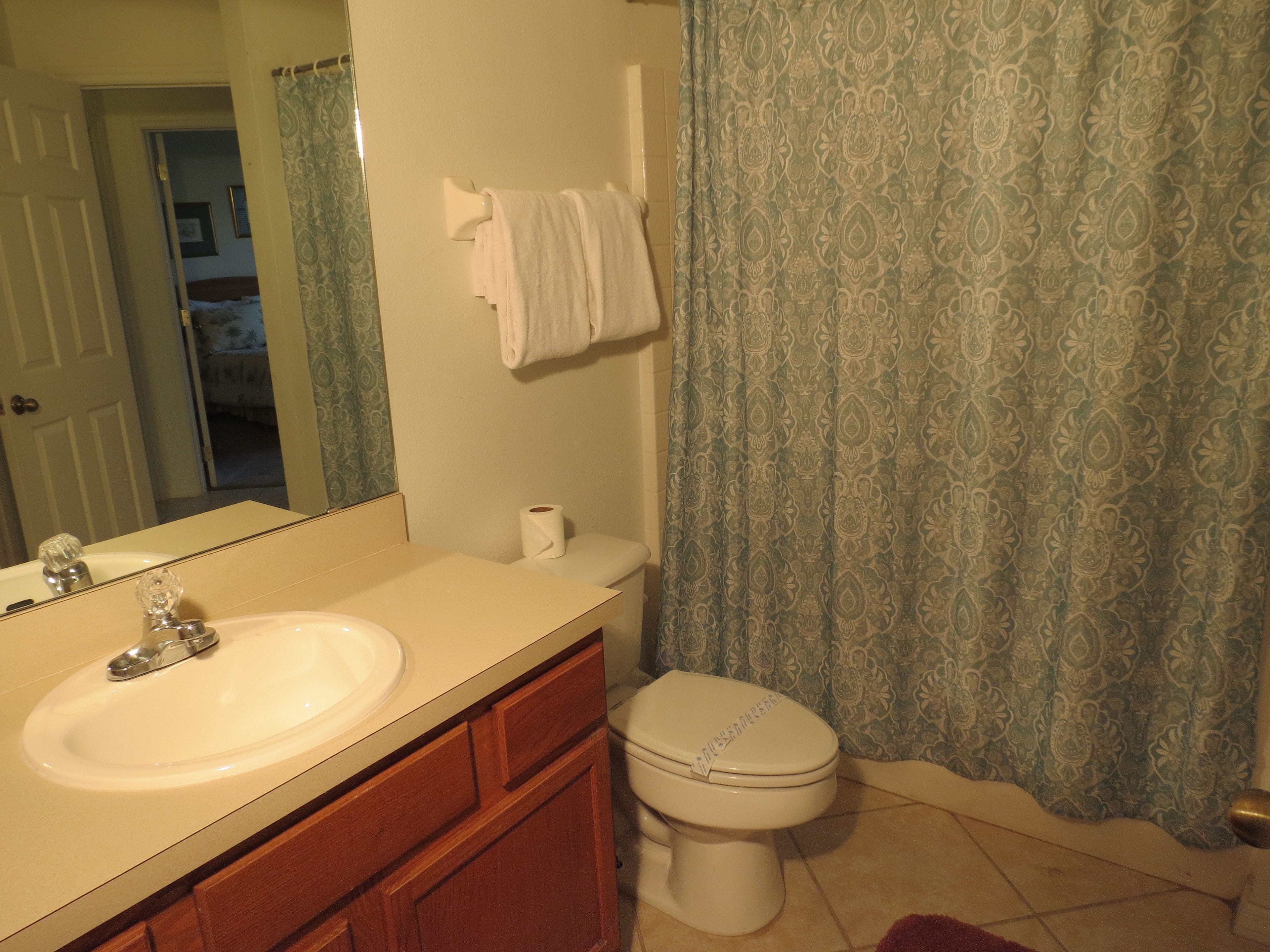 A bathroom with a sink, mirror, toilet, and patterned shower curtain.