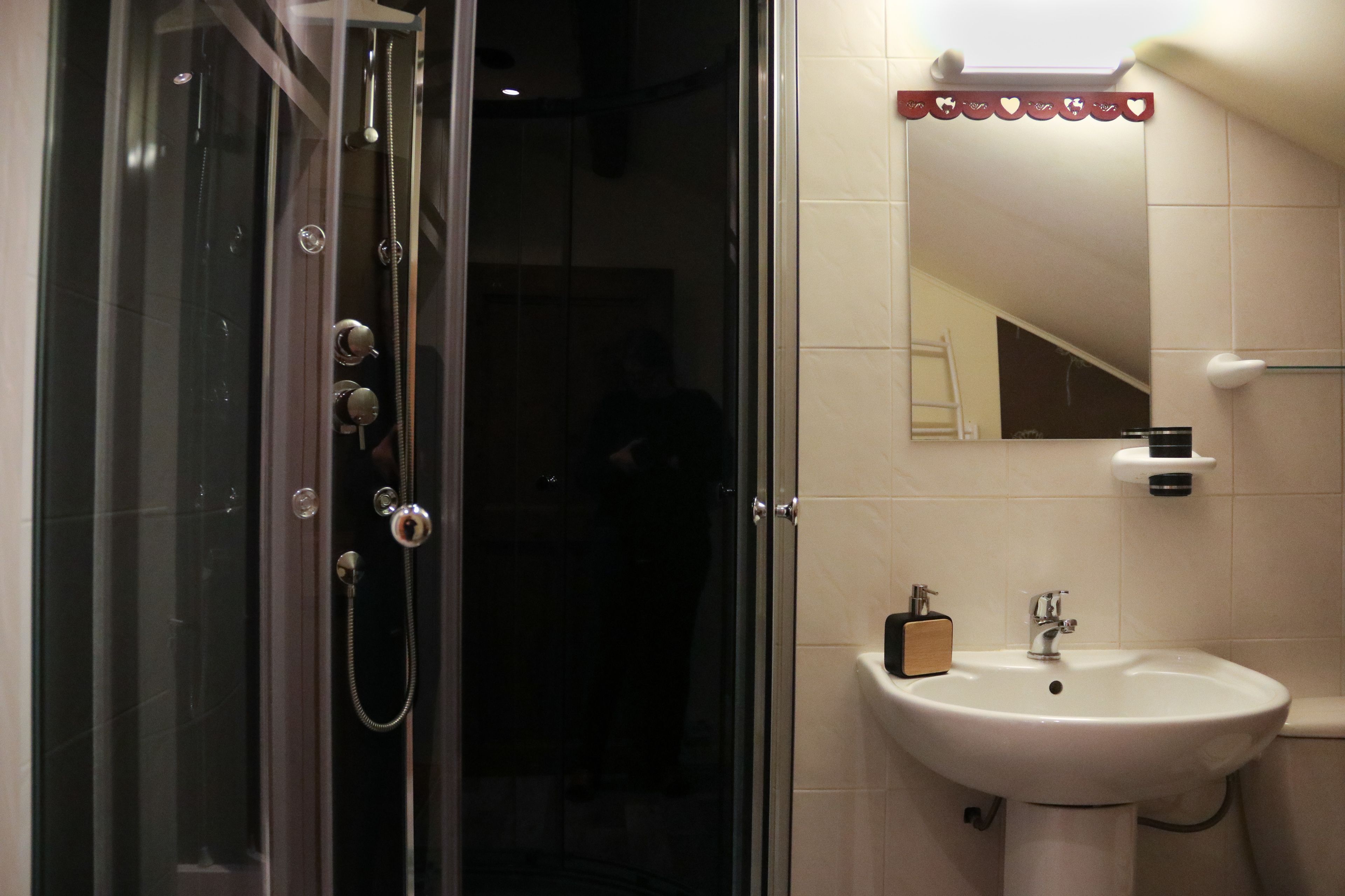 Un baño con ducha de vidrio, un lavamanos blanco y un espejo con marco decorativo.