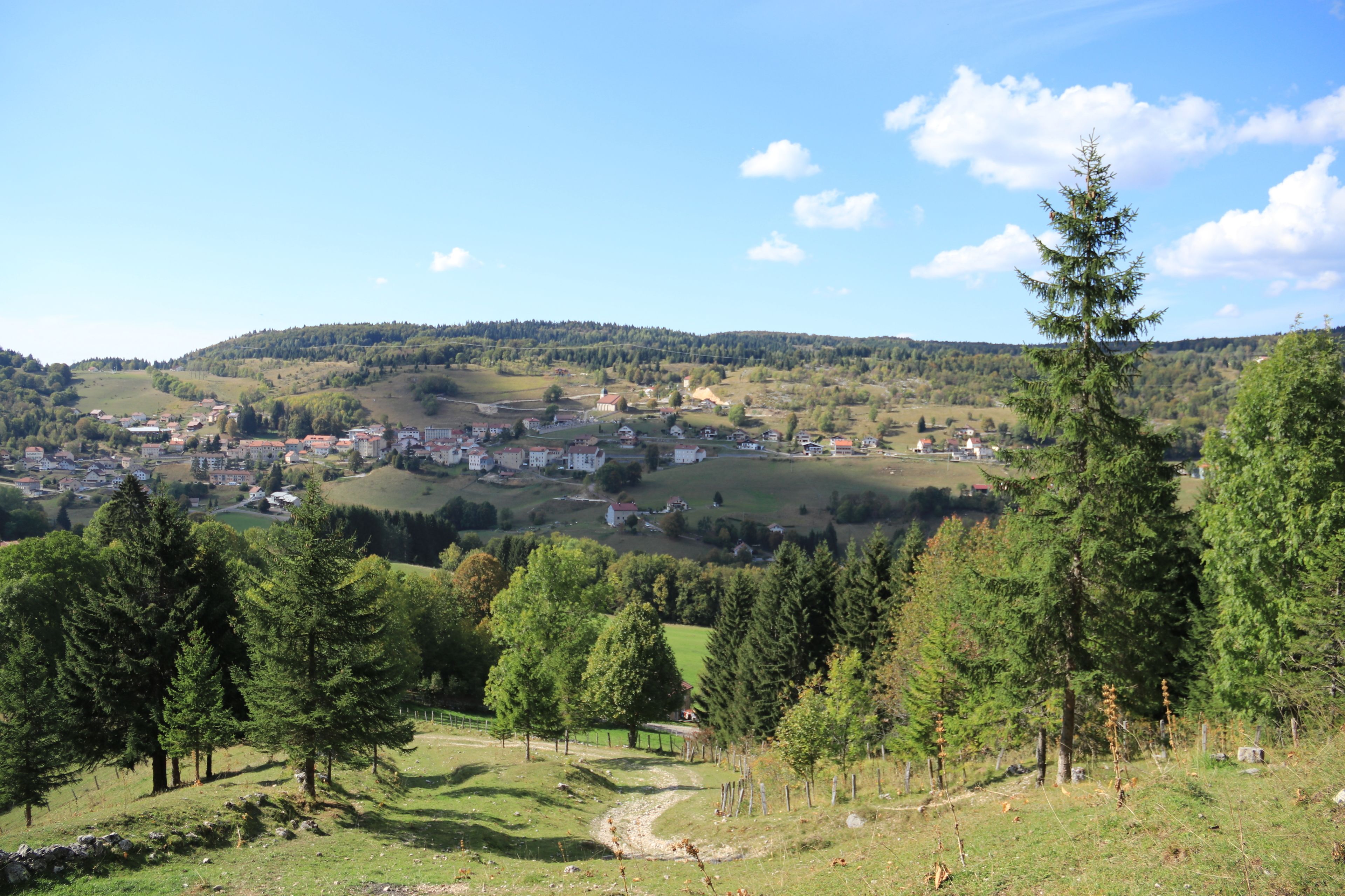 Une vue panoramique d’une ville nichée dans une vallée, avec une église imposante et une végétation luxuriante tout autour.