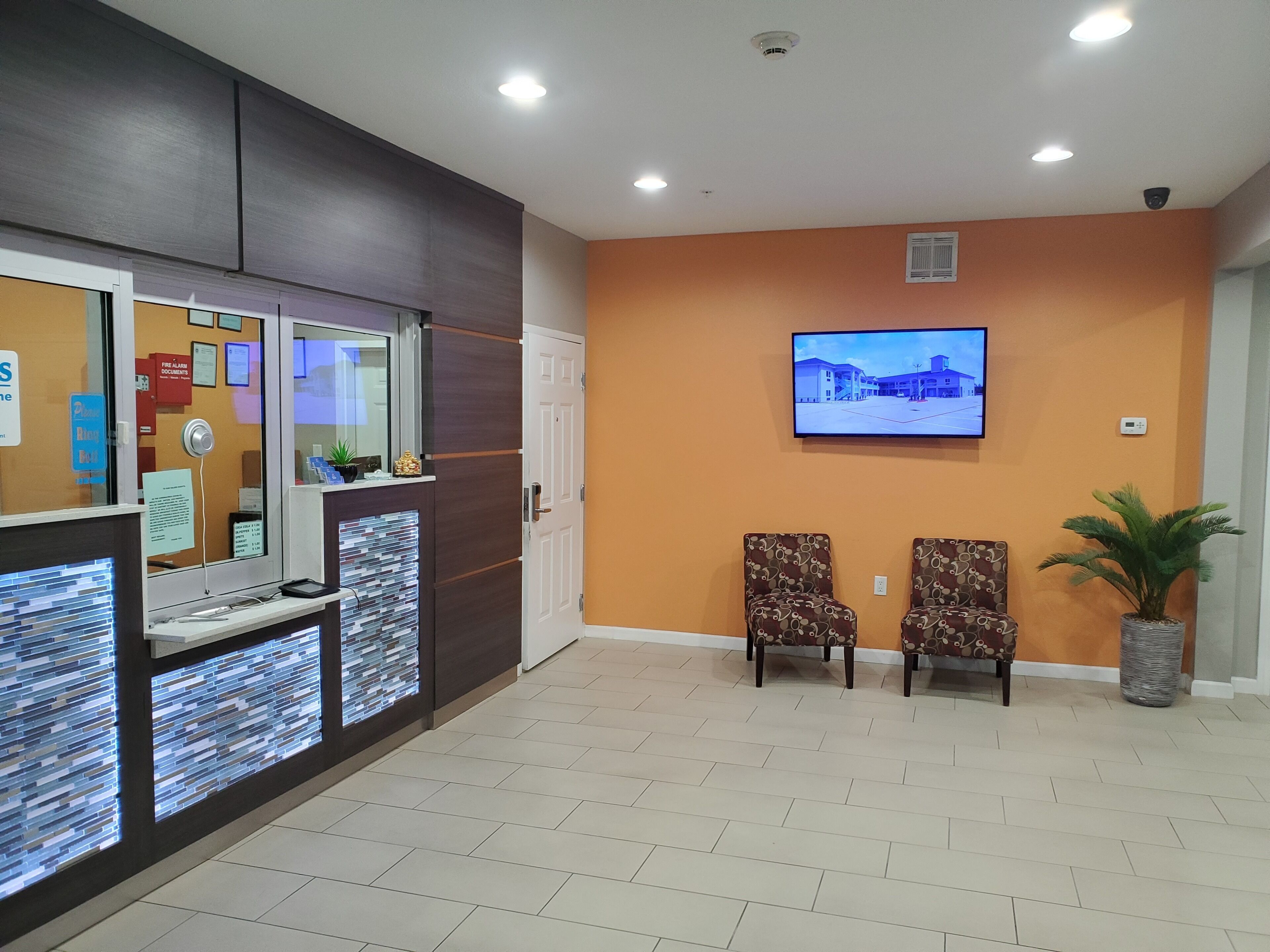 A reception area with a reception desk, two patterned chairs, a potted plant, and a mounted television.