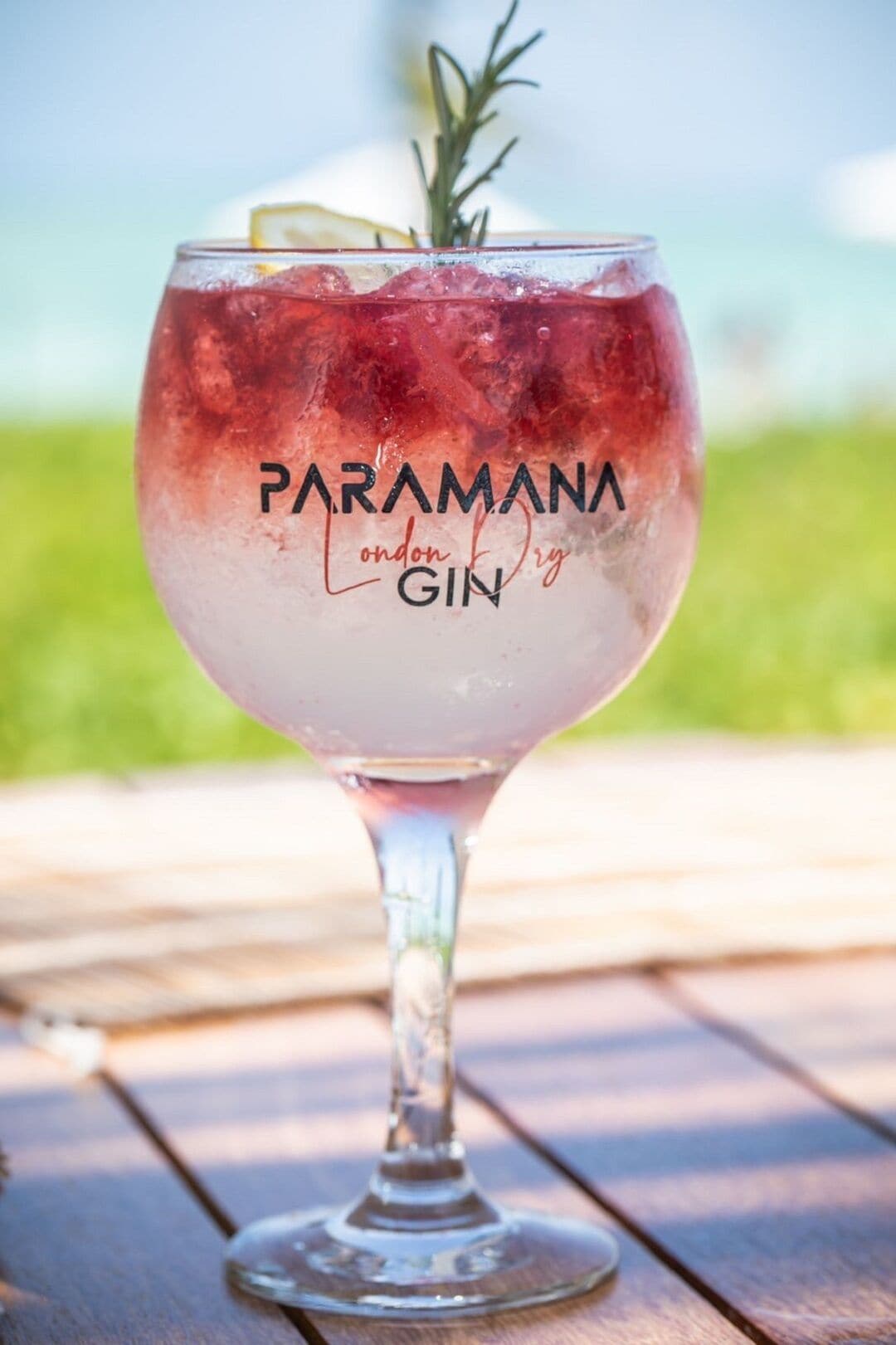 Ein Glas Paramana London Dry Gin mit Zitronenscheibe und Rosmarinzweig auf einer Holztischplatte.