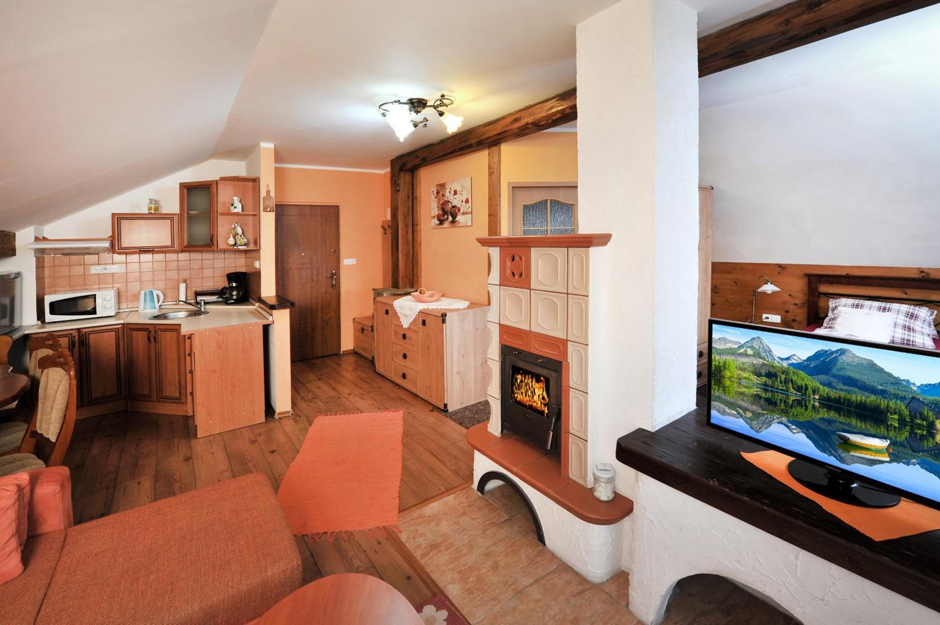 Uma sala de estar acolhedora com lareira, televisão e um espaço de cozinha com armários de madeira e micro-ondas.