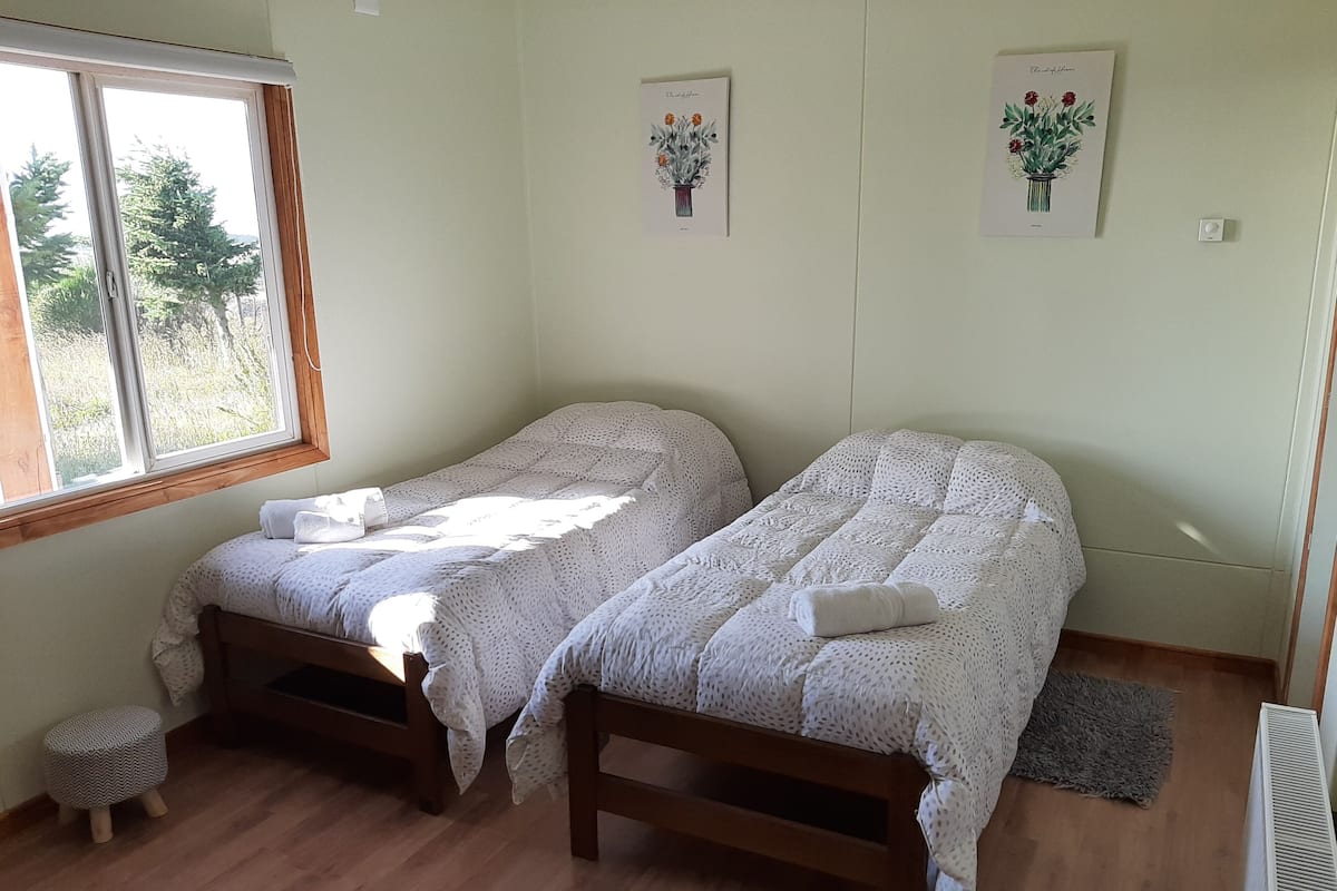 A room with two single beds, a window, and two wall-mounted flower illustrations.