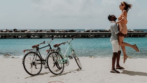 A beach scene with a couple, a bicycle, and a palm tree. - Bed & Bike Curacao Hostel (Willemstad)
