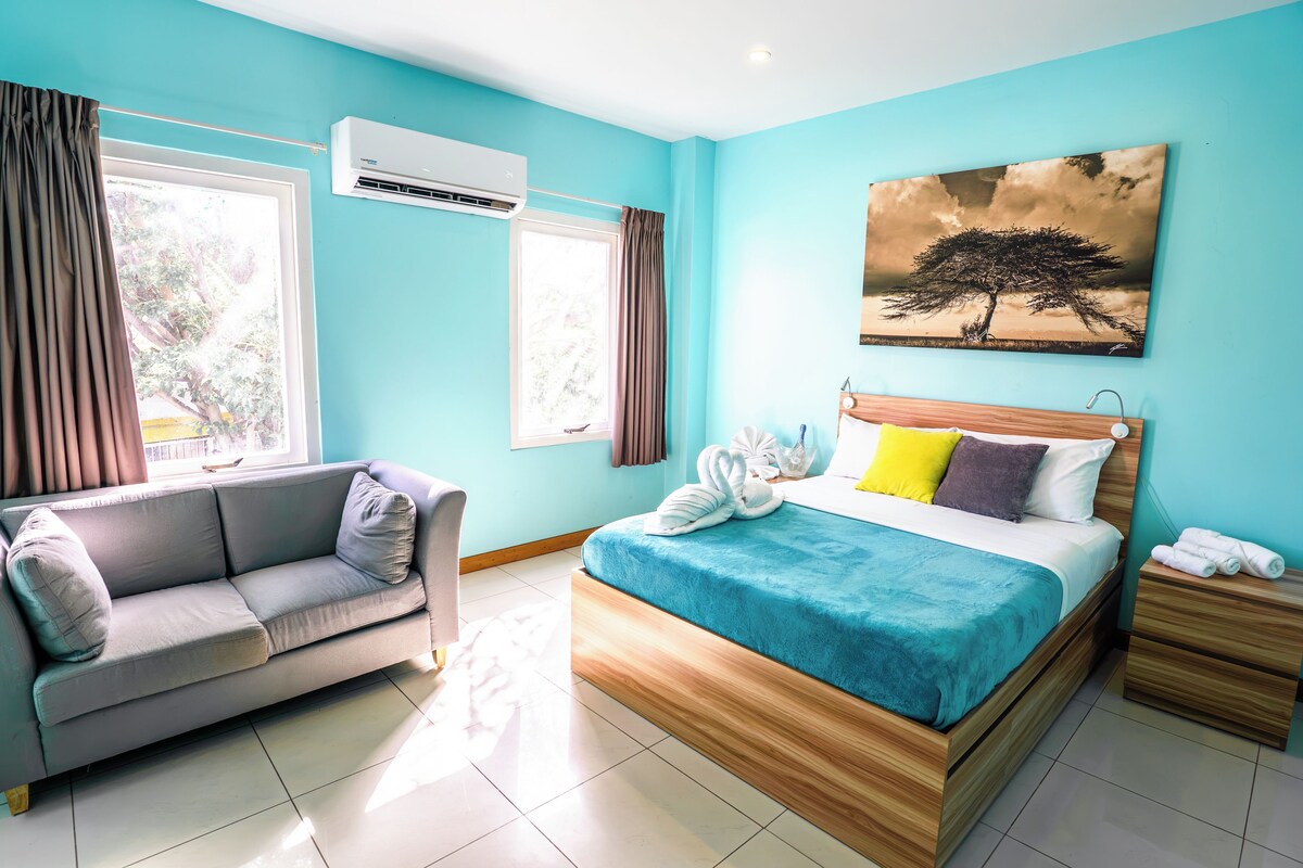 Une chambre avec un lit, un canapé, un appareil de climatisation et un tableau au mur.