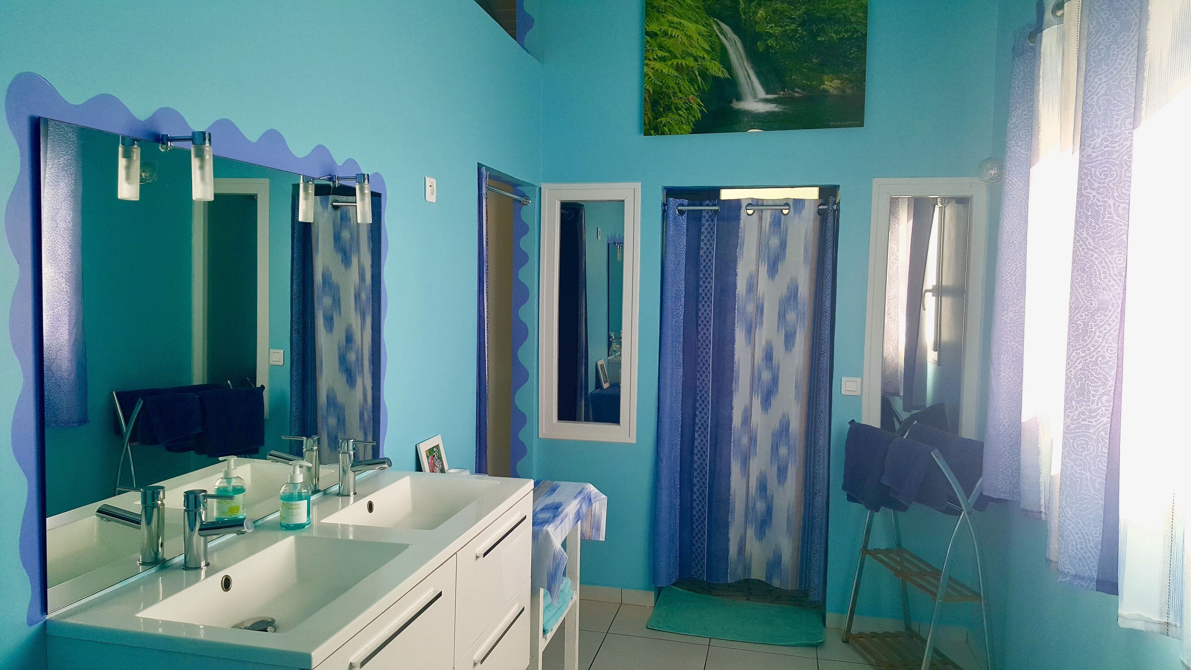 A bathroom with two sinks, a mirror, a shower curtain, and a towel rack.