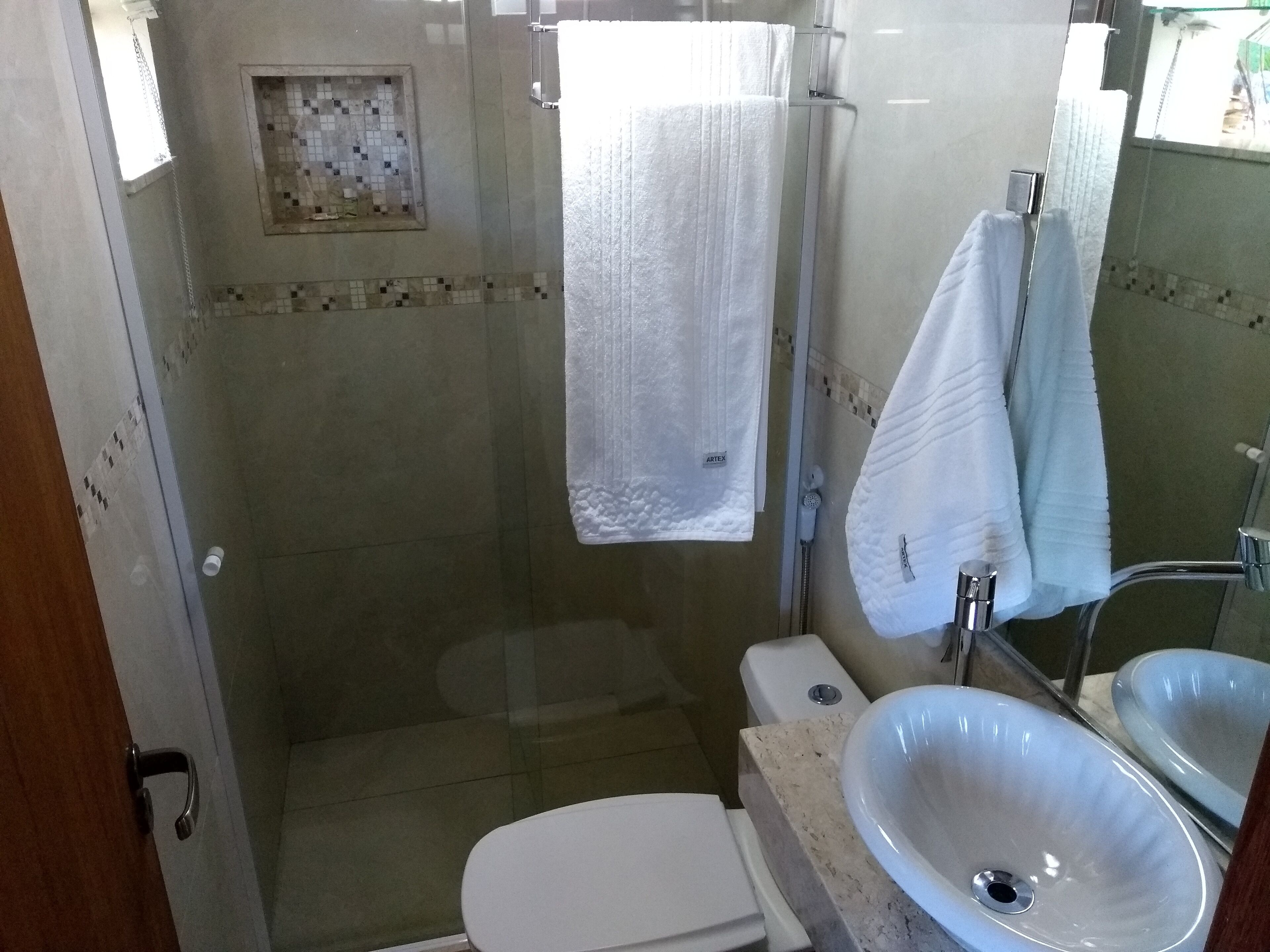 Un baño con ducha envuelta en vidrio, inodoro blanco y un lavamanos grande.