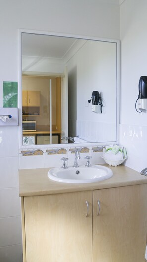 Shower, free toiletries, hair dryer, towels