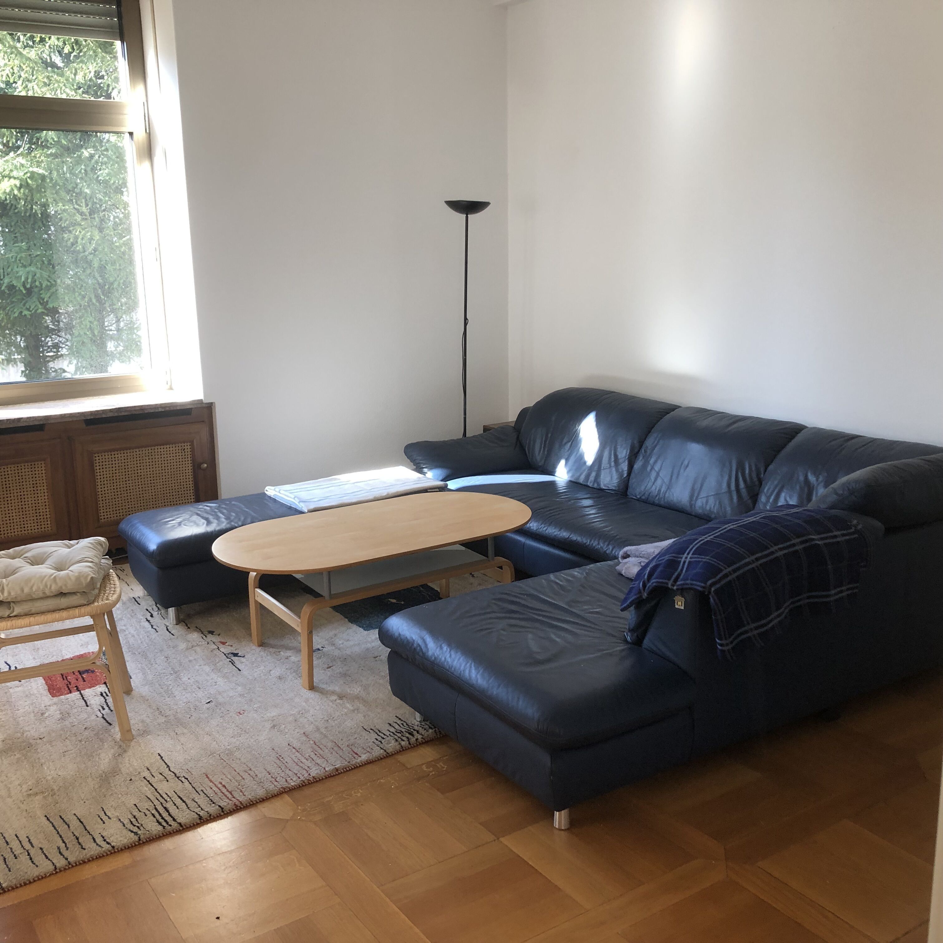 Ein modernes Wohnzimmer mit einem dunkelblauen Ledersofa, einem Holztisch und einem Korbstuhl.