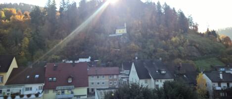 A residential area with houses on a hillside, a church, and a clear view of the surrounding forest.