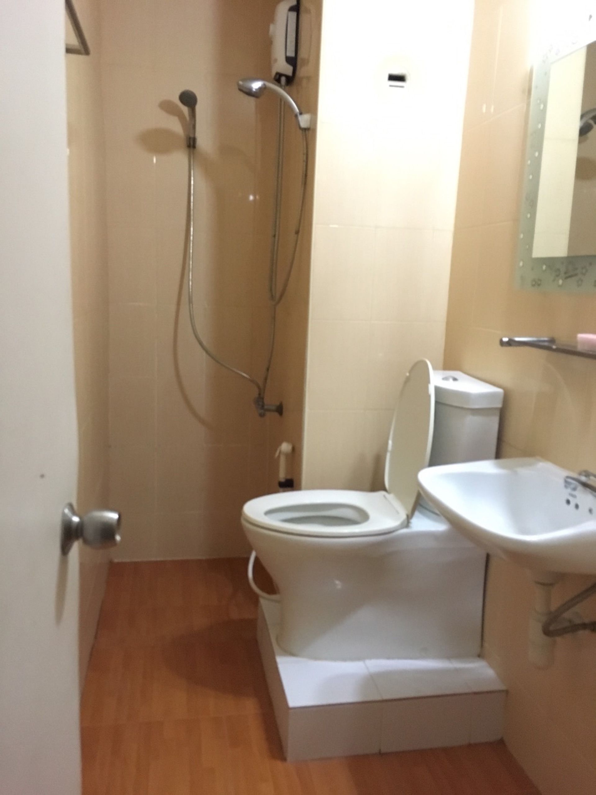 Une petite salle de bain avec des toilettes, un lavabo et une douche.