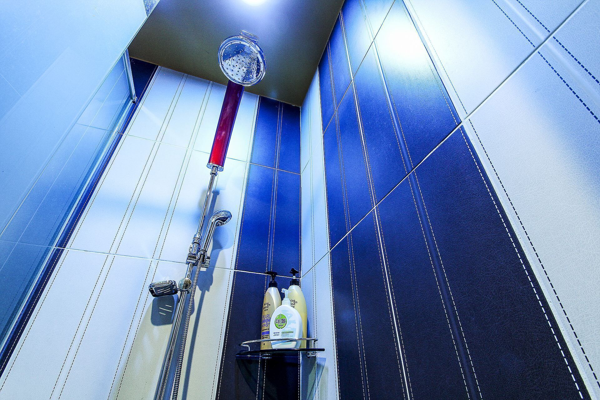 A bathroom with a blue and white tiled wall, a showerhead, and a shelf with toiletries.