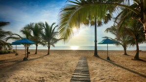 A wooden pathway leading to a beach with palm trees and blue umbrellas. - Arugambay Roccos (Arugam Bay)