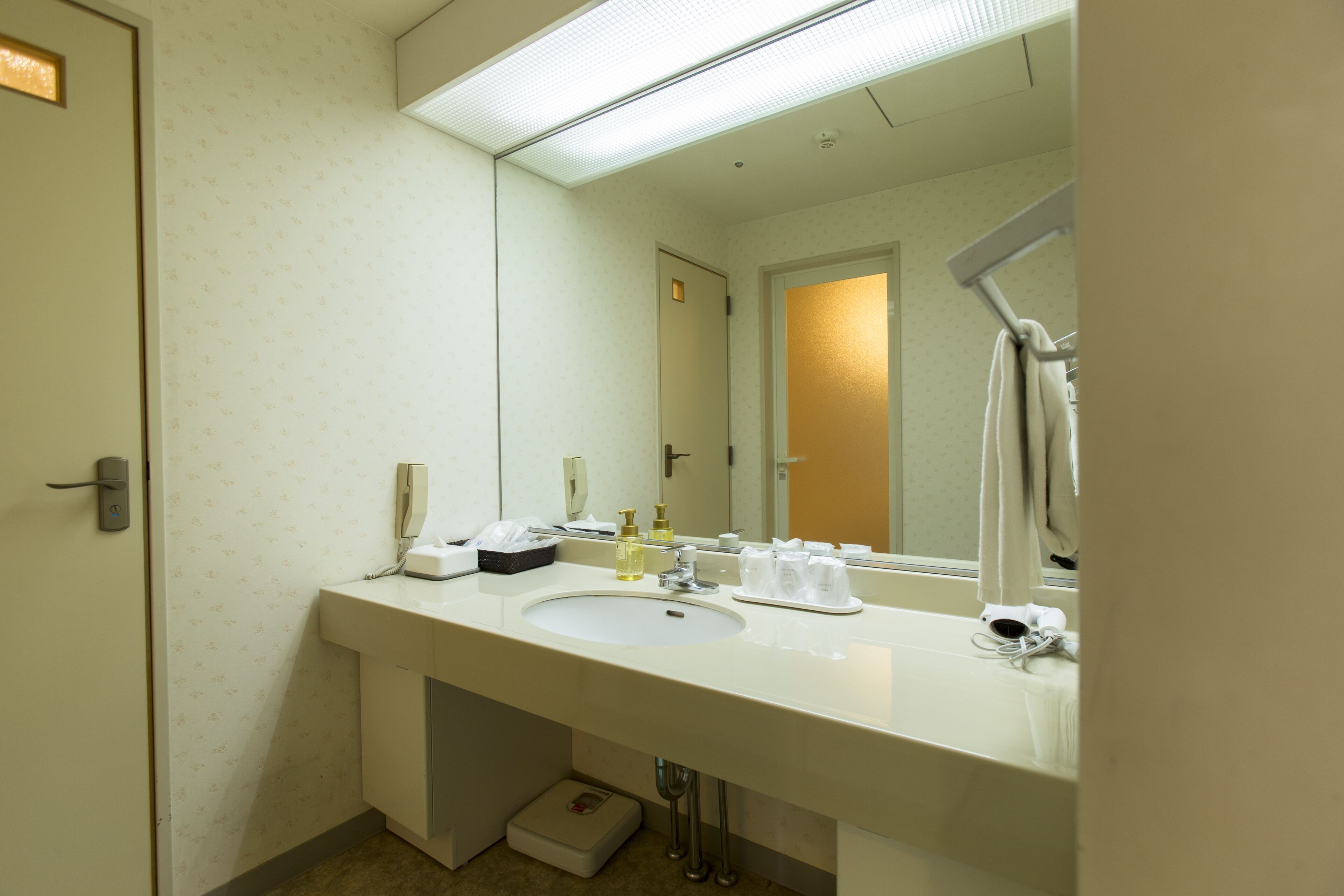 combined shower/bathtub, free toiletries, hair dryer, slippers