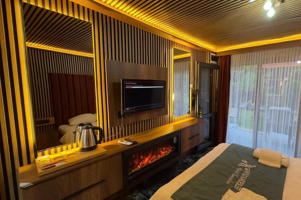 Ein modernes Hotelzimmer mit Flachbildfernseher, Kamin, großem Spiegel und Blick ins Freie.