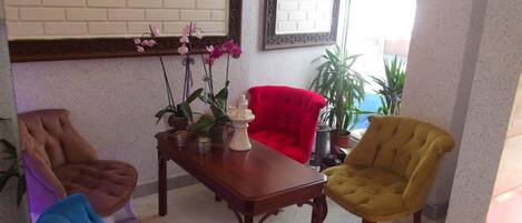 Habitación con pared de ladrillo, una mesa de madera y tres sillas de distintos colores. Hay plantas en macetas sobre la mesa y una ventana con vistas.