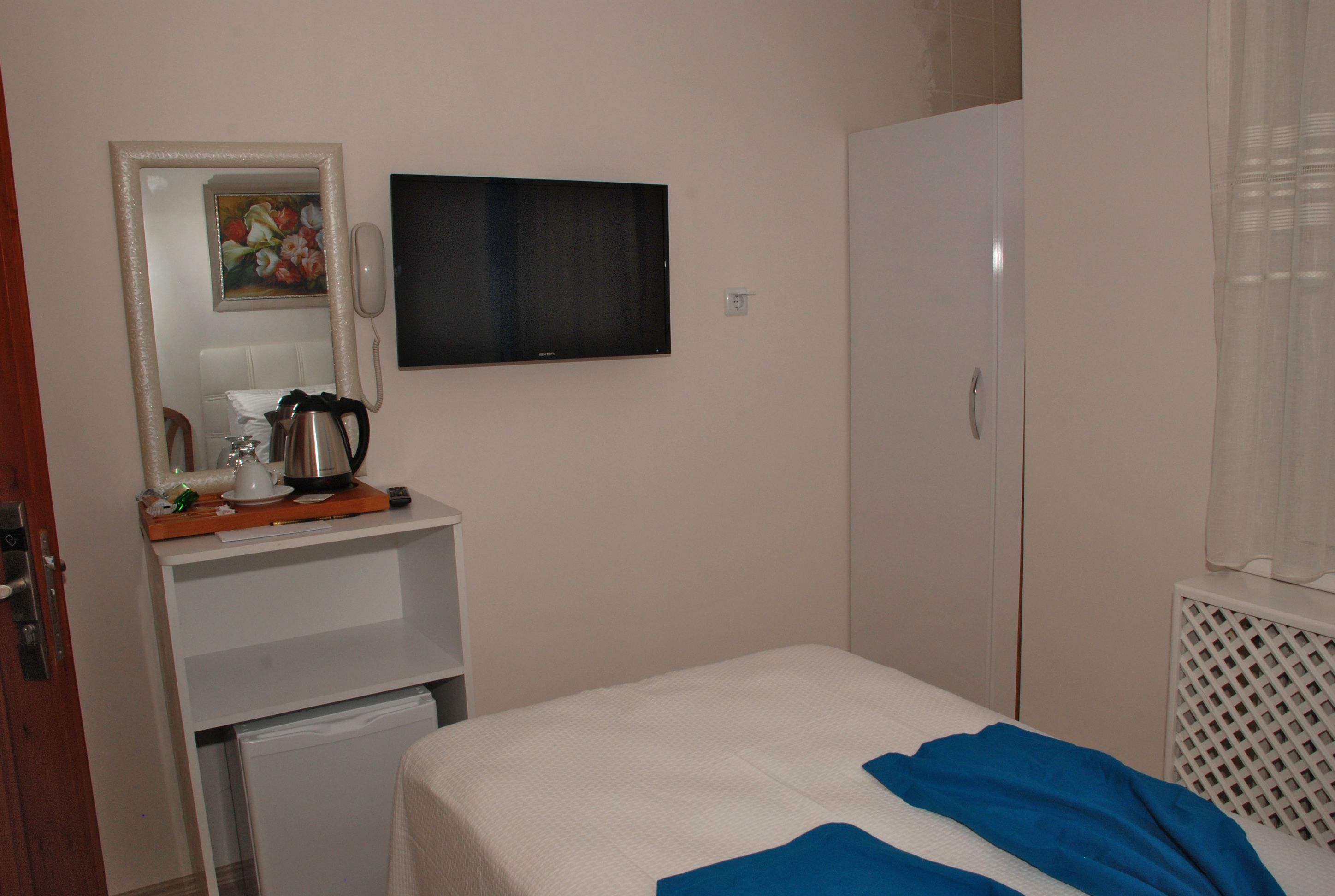 A bedroom with a bed, a TV, a wardrobe, a small kitchenette, and a mirror.