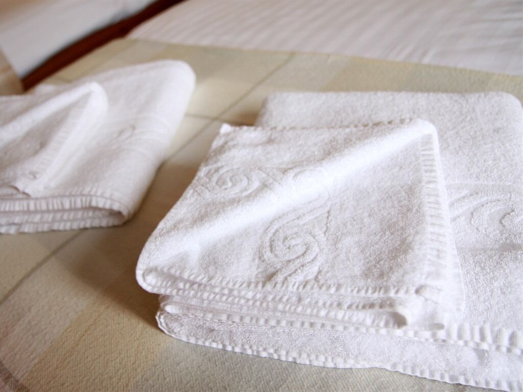 Des serviettes blanches, soigneusement pliées et ornées d’un motif décoratif, sont posées sur le lit.