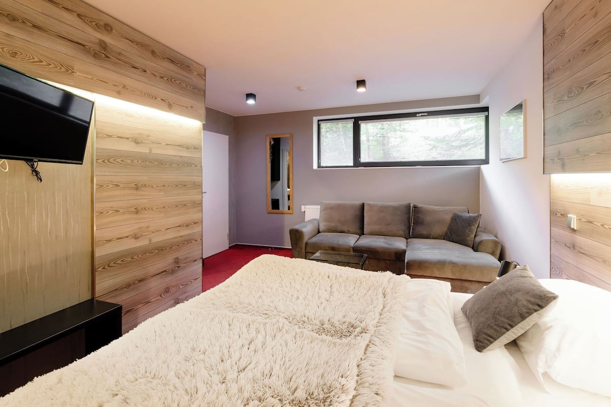 Ein modernes Schlafzimmer mit einem großen Bett, einer Couch, einem Fernseher und einem Fenster.