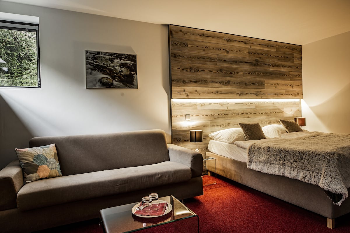 Ein Schlafzimmer mit einem Bett, einem Schlafsofa, einem Nachttisch und einem Fenster.