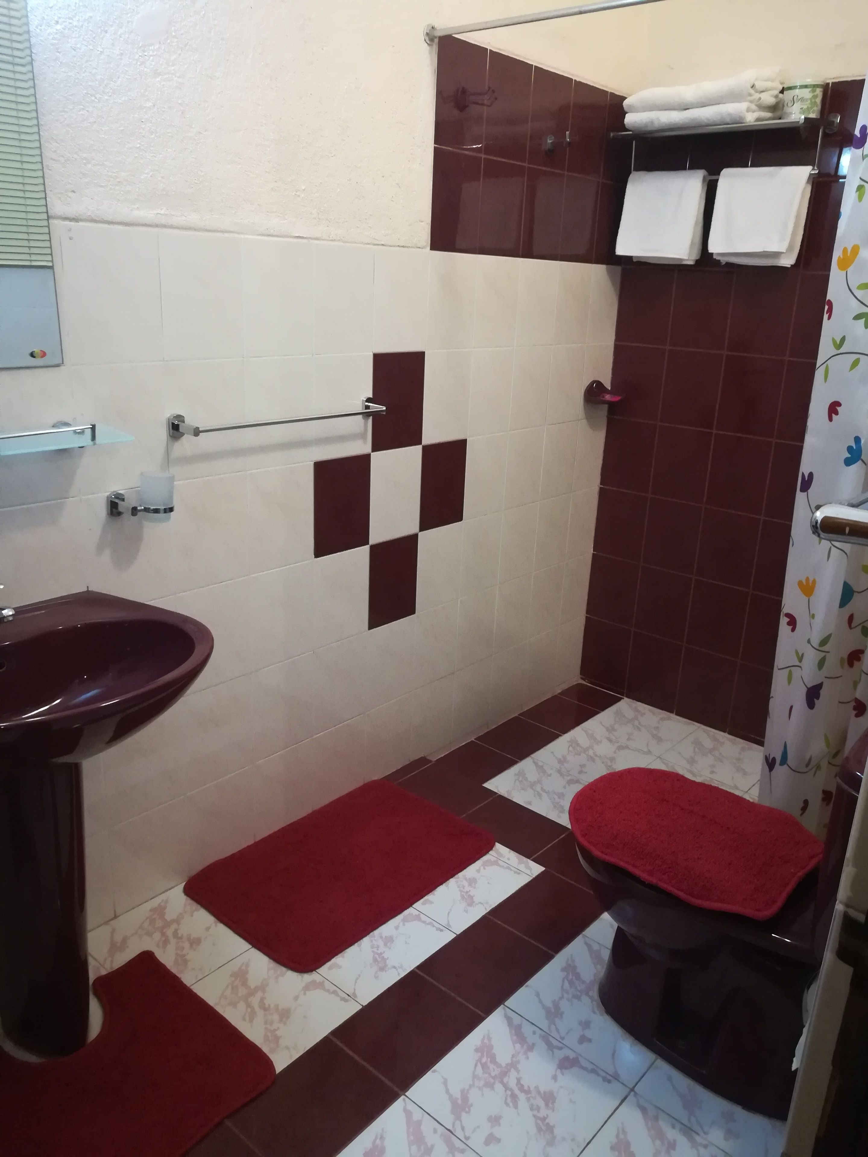 A bathroom with a sink, toilet, and shower area.