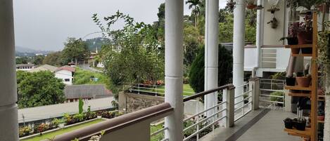 A balcony with white pillars, a railing, and various potted plants.