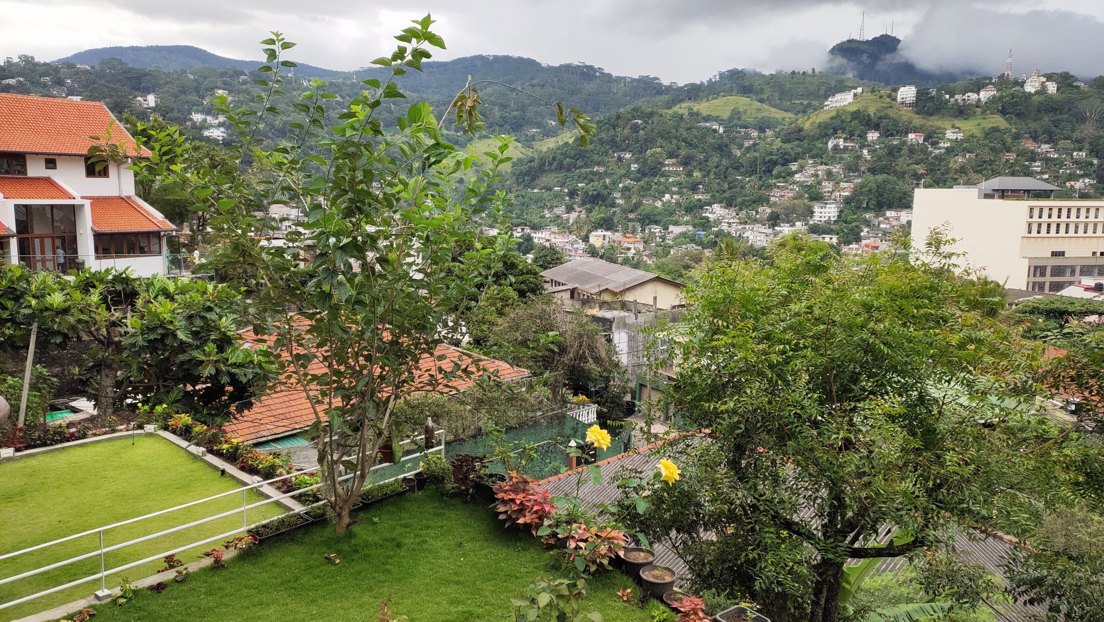 A residential area with houses, a well-maintained garden, and a view of a hilly landscape in the background.