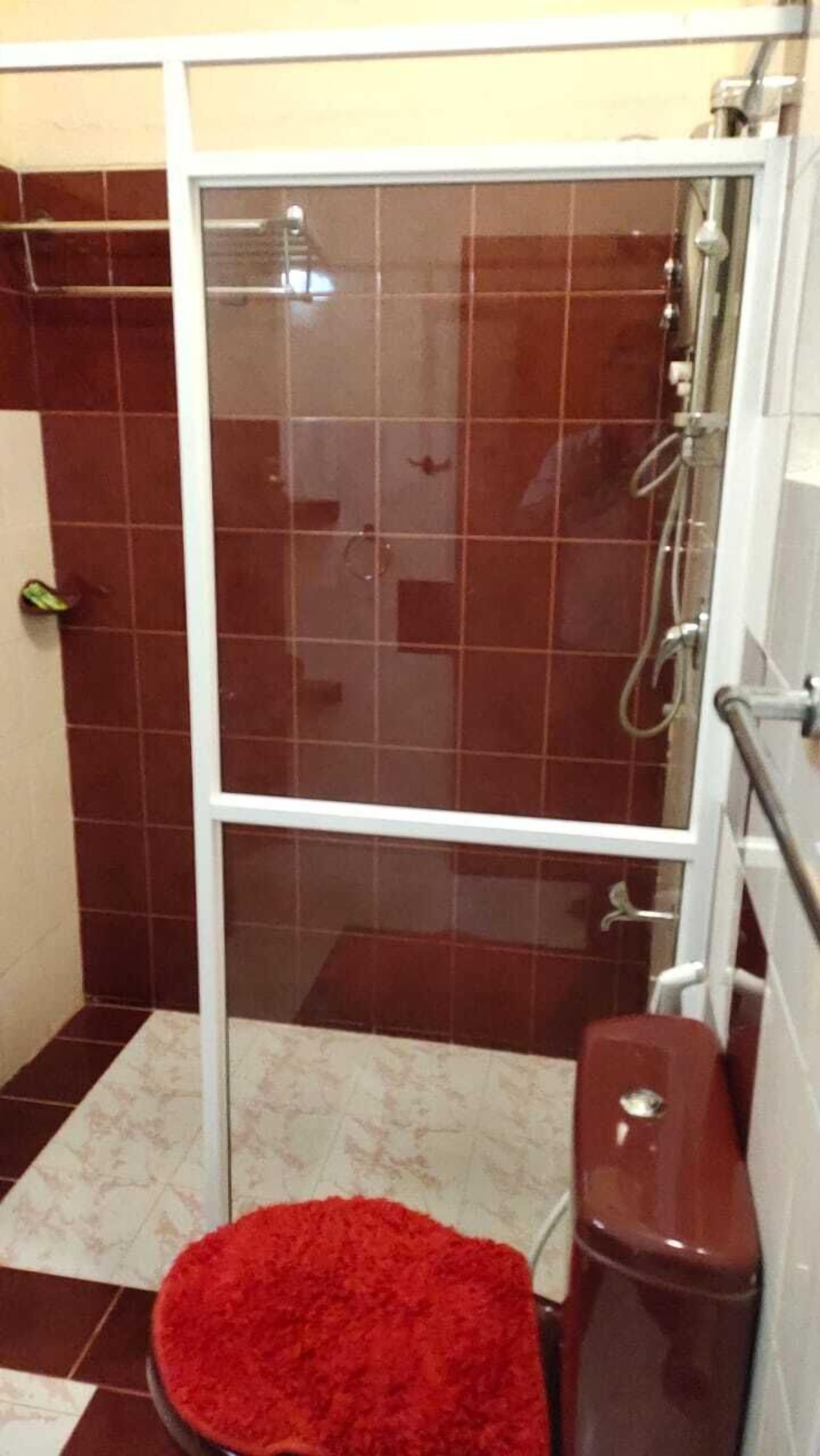 Un baño con ducha, inodoro y una alfombra roja.