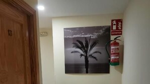 A hallway with a wooden door, a blue chair, a wall-mounted fire extinguisher, and a framed picture of a palm tree.