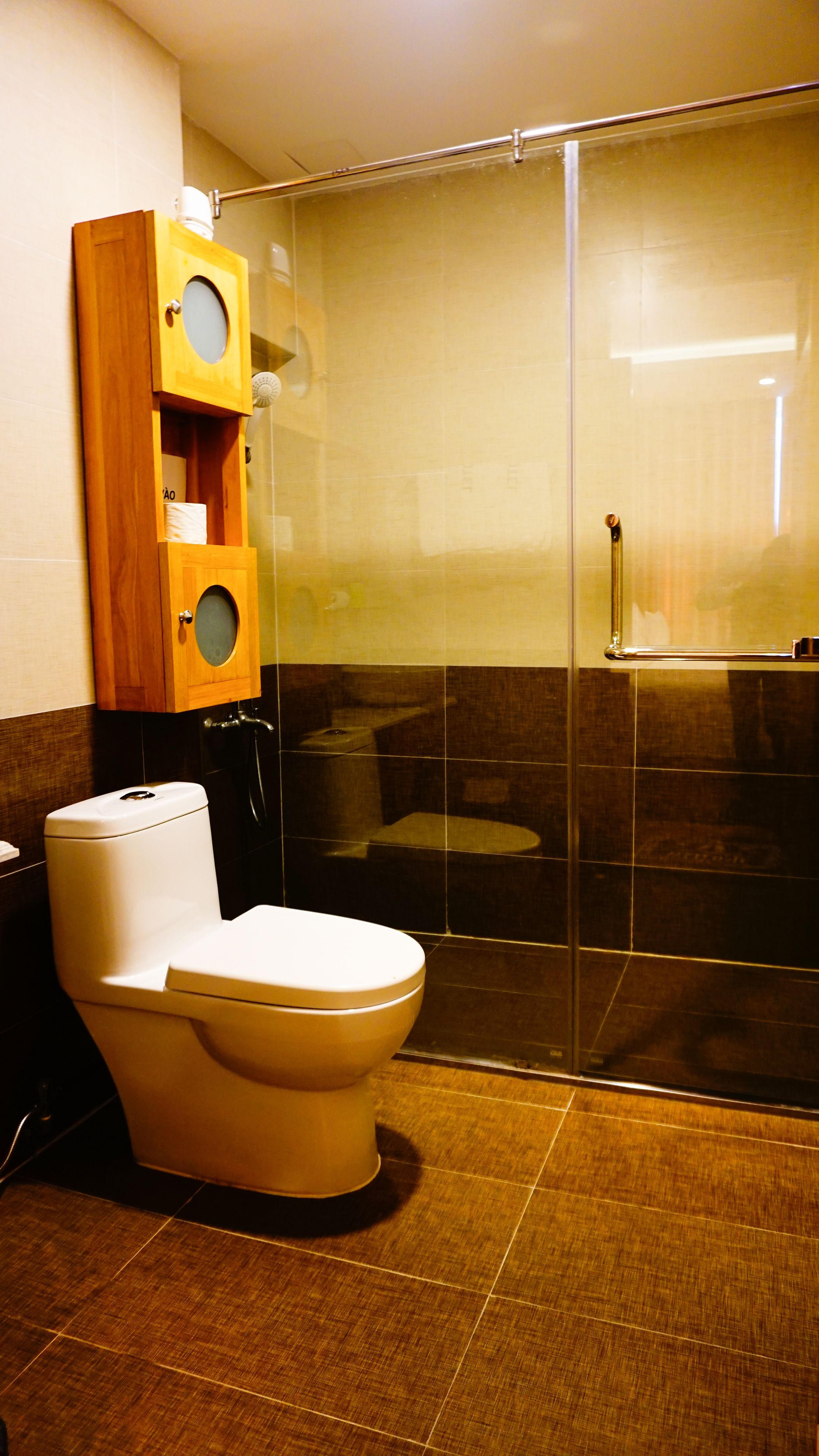 A modern bathroom with a toilet, a wooden cabinet with a mirror, and a glass shower enclosure.