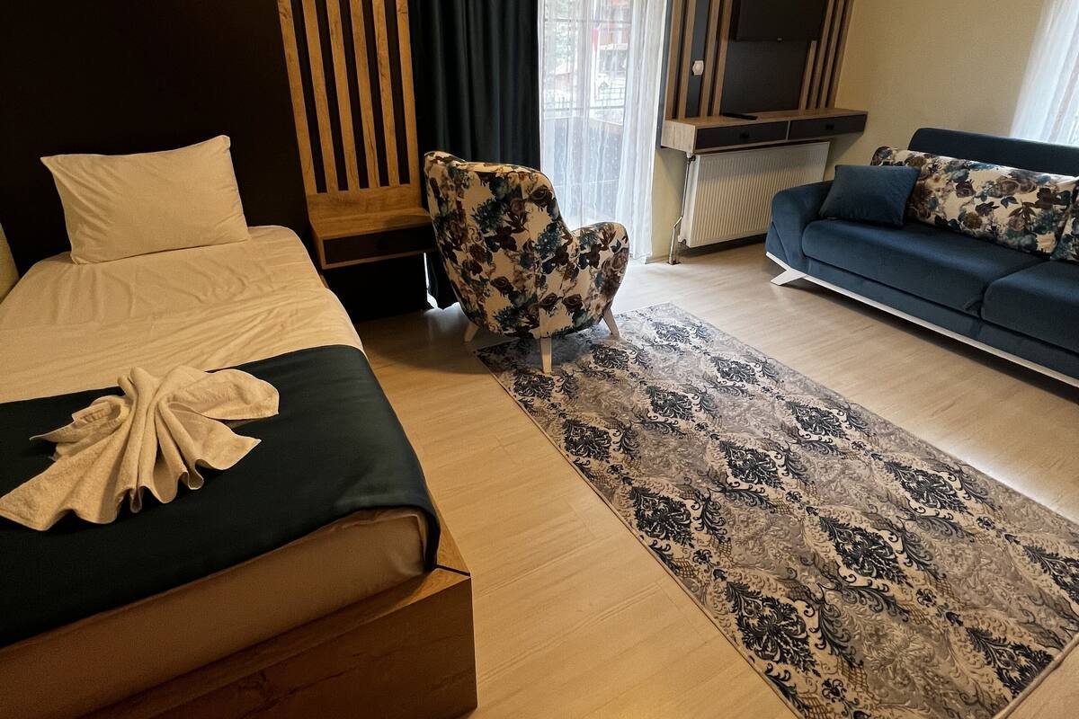 A hotel room with a bed, a sofa, a chair, a TV, and a window with curtains.