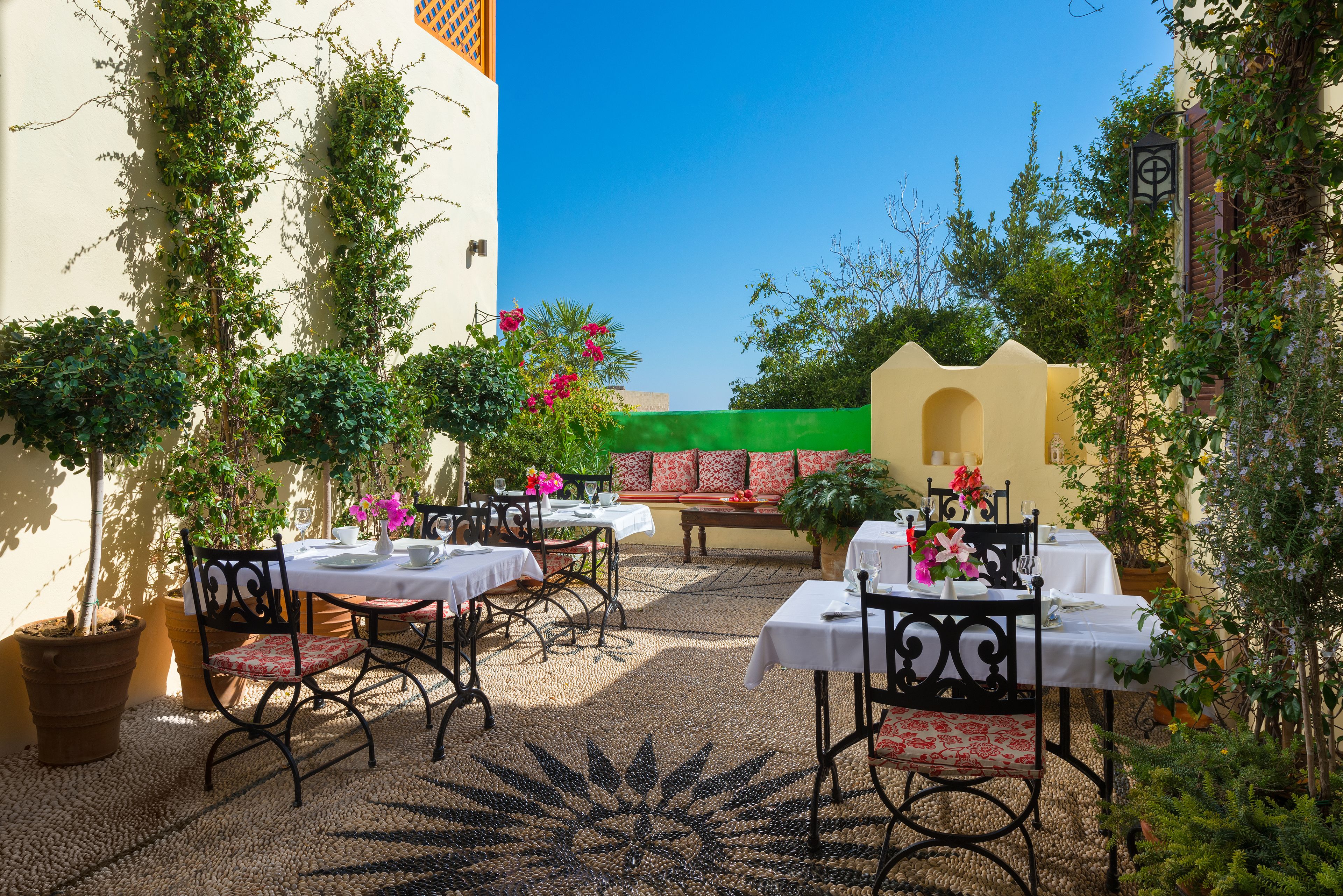 Un área de comedor al aire libre con mesas y sillas, rodeada de follaje y un cielo azul despejado.