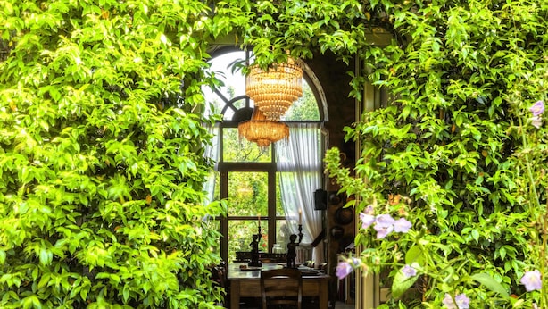 Une pièce avec une table et des chaises en bois, un lustre et une fenêtre avec des rideaux.