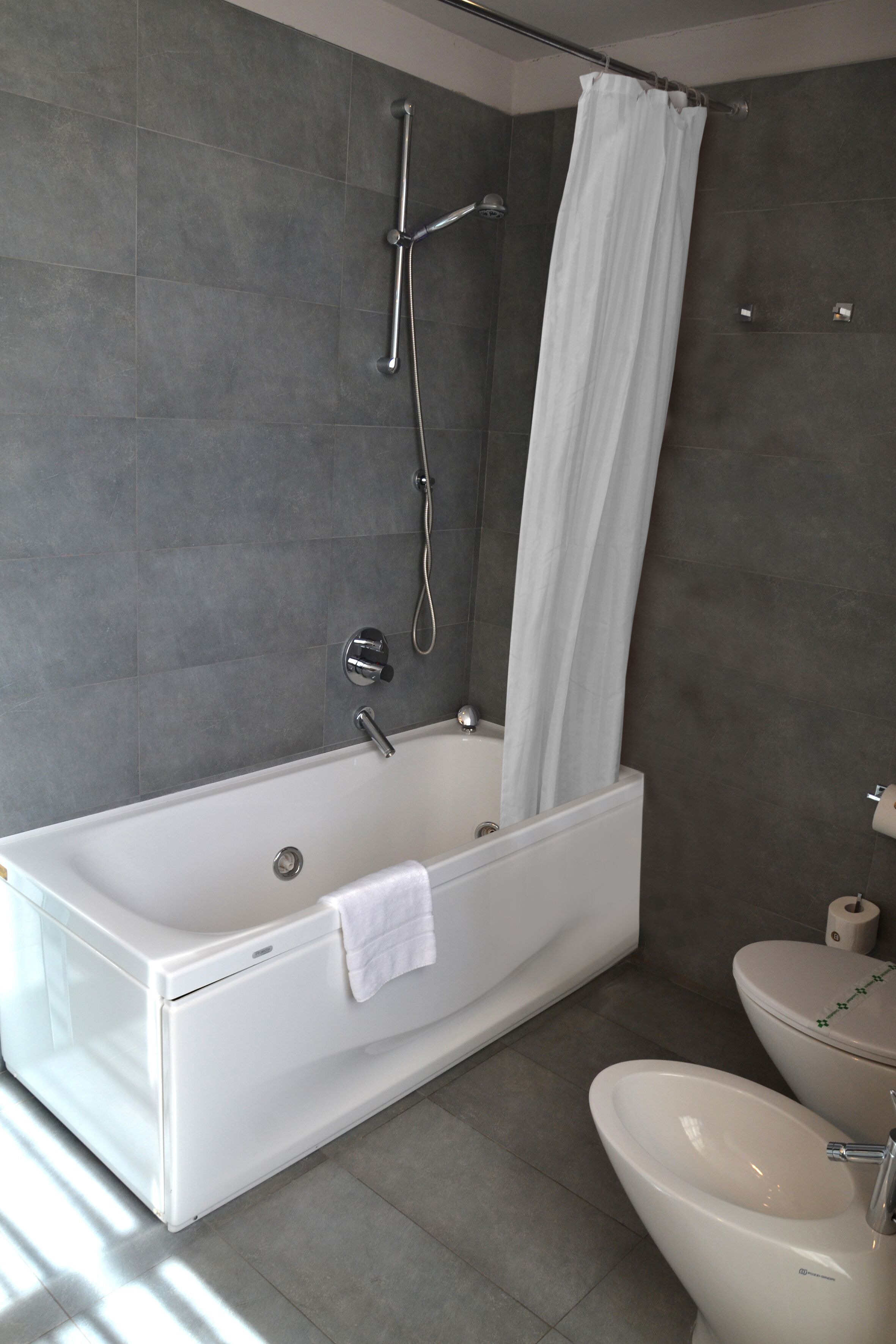 Een moderne badkamer met bad, douche, toilet en bidet.