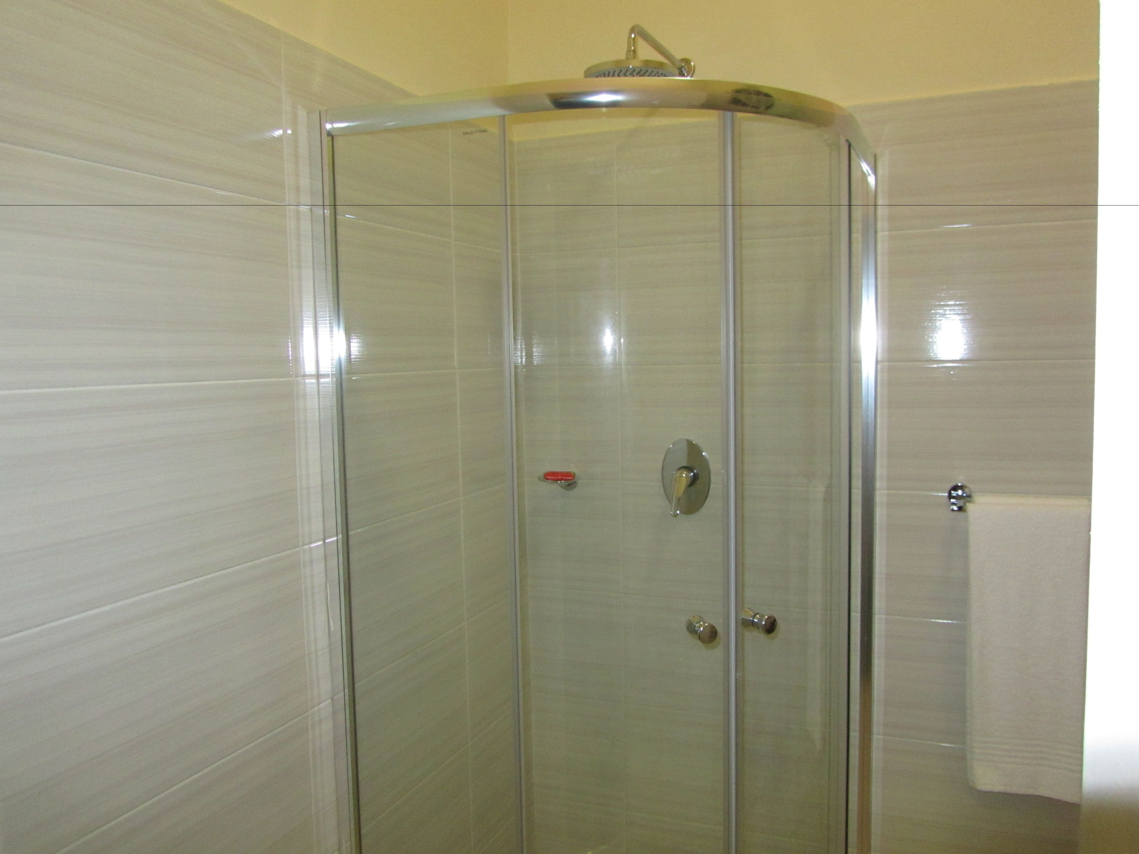A glass-enclosed shower with a handheld showerhead, a towel rack, and a visible towel hanging on the wall.