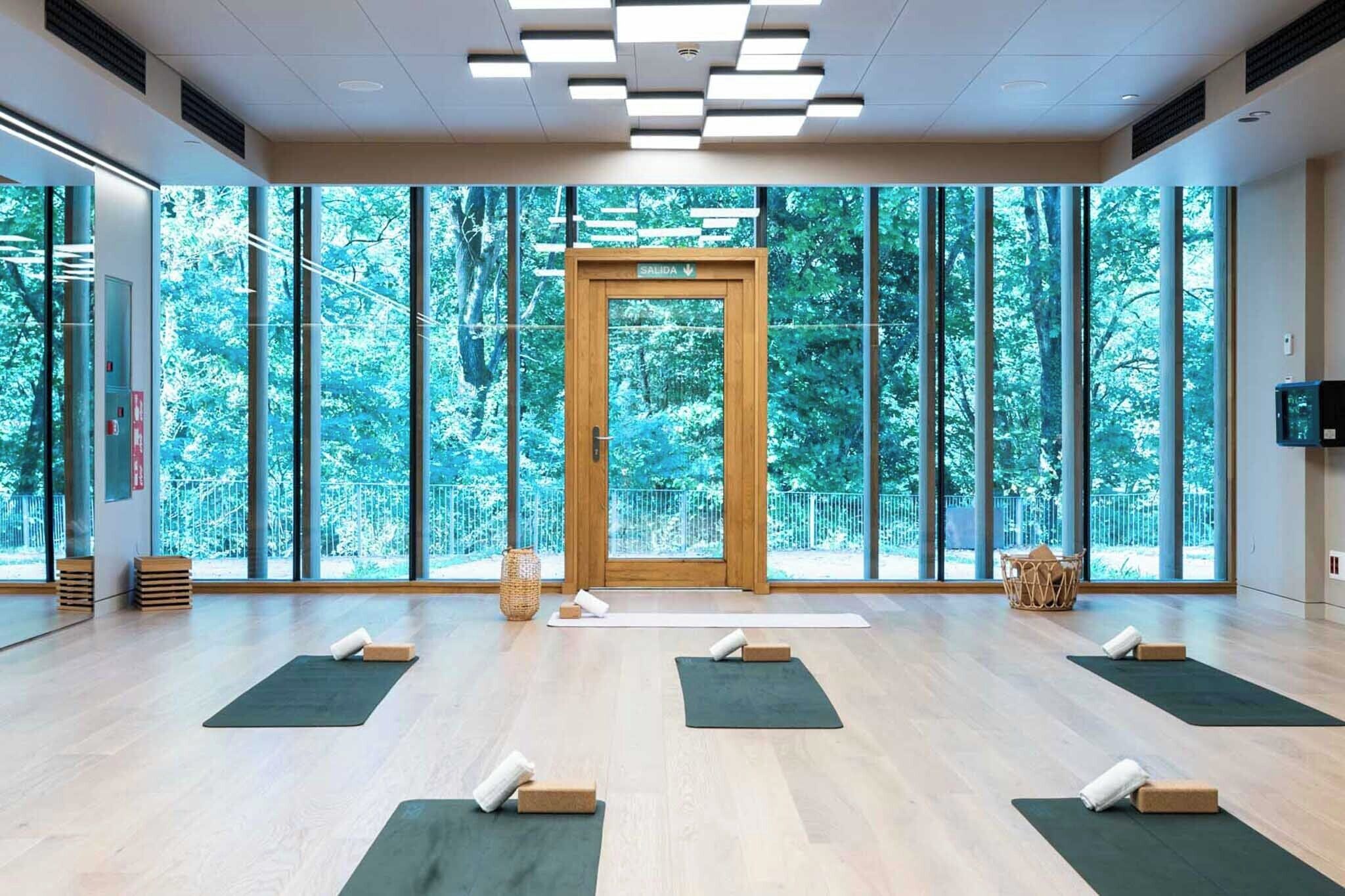 Amplia habitación con grandes ventanales, piso de madera y colchonetas de yoga dispuestas para su uso.