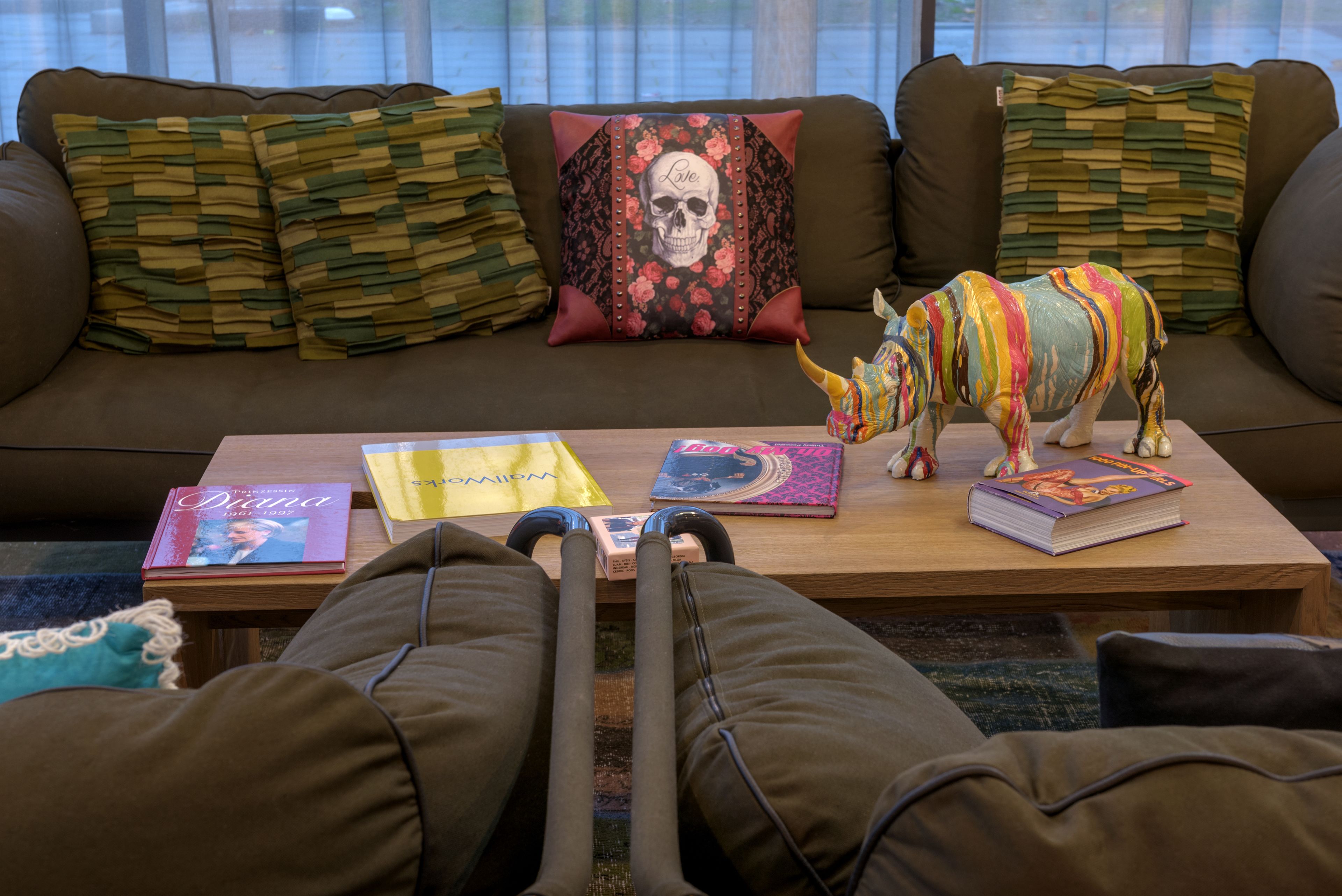 A sofa with patterned cushions, a decorative skull pillow, and a colorful animal figurine on a wooden coffee table with books.