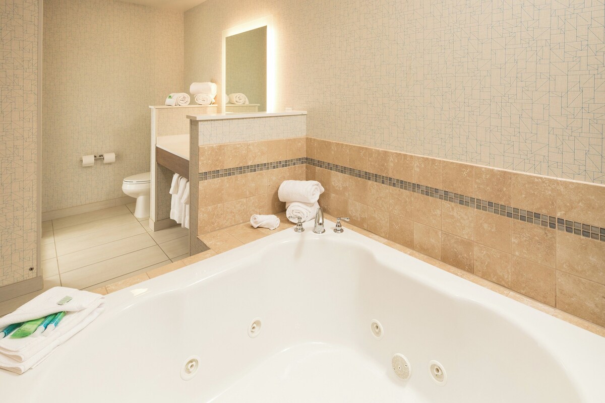A modern bathroom with a large bathtub, a toilet, and a vanity with a mirror.