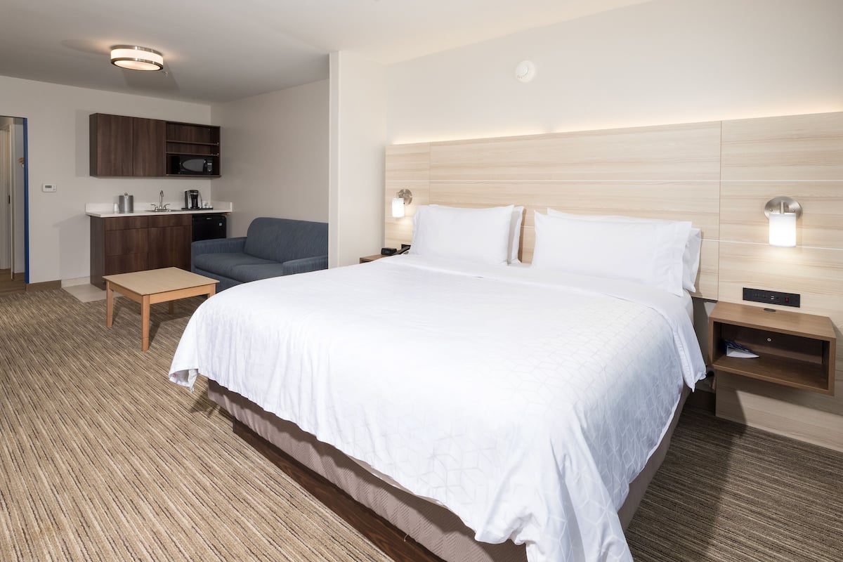 Habitación de hotel con una cama grande, un escritorio pequeño, un sofá, una kitchenette y un aplique de pared.