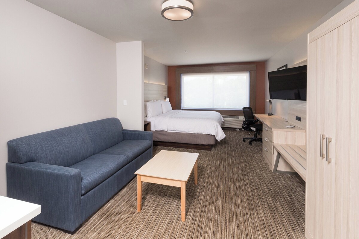 A hotel room with a sofa, a bed, a desk, and a television.
