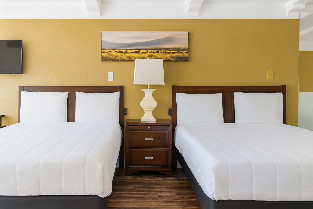 Une chambre d’hôtel avec deux lits, une table de chevet avec une lampe, un tableau au mur et un téléviseur sur le côté gauche.