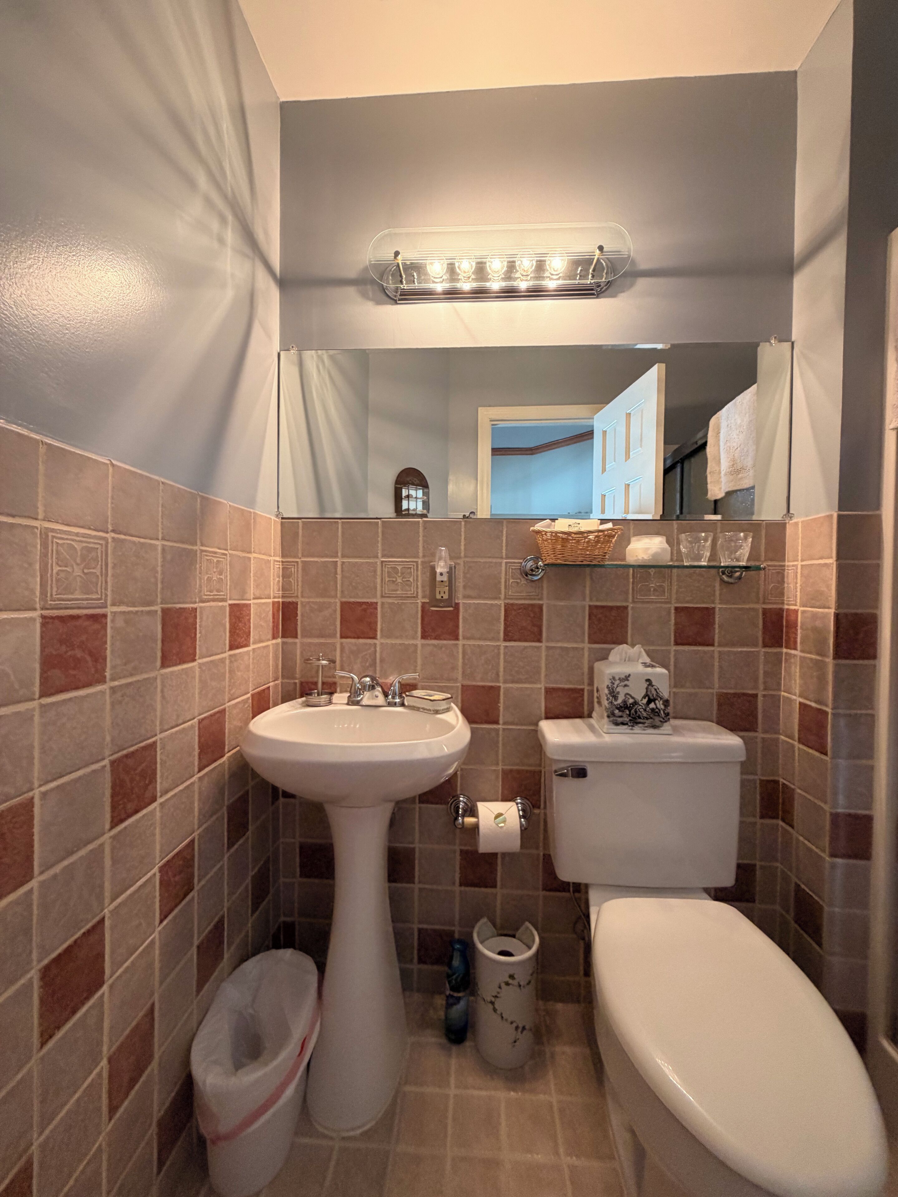 A bathroom with a pedestal sink, toilet, and a mirror above the sink. There is a shelf with a basket and a tissue box.