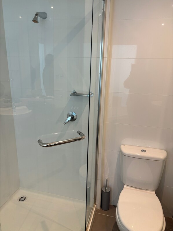 A modern bathroom with a glass shower enclosure, a toilet, and a handrail.