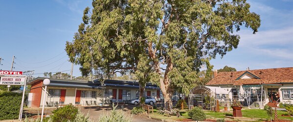 Un motel con fachada roja, una zona de estar al aire libre techada y un gran árbol en primer plano.