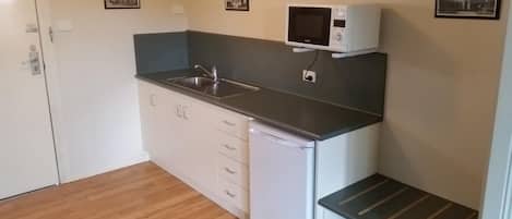 Fridge, microwave, electric kettle, cookware/dishes/utensils
