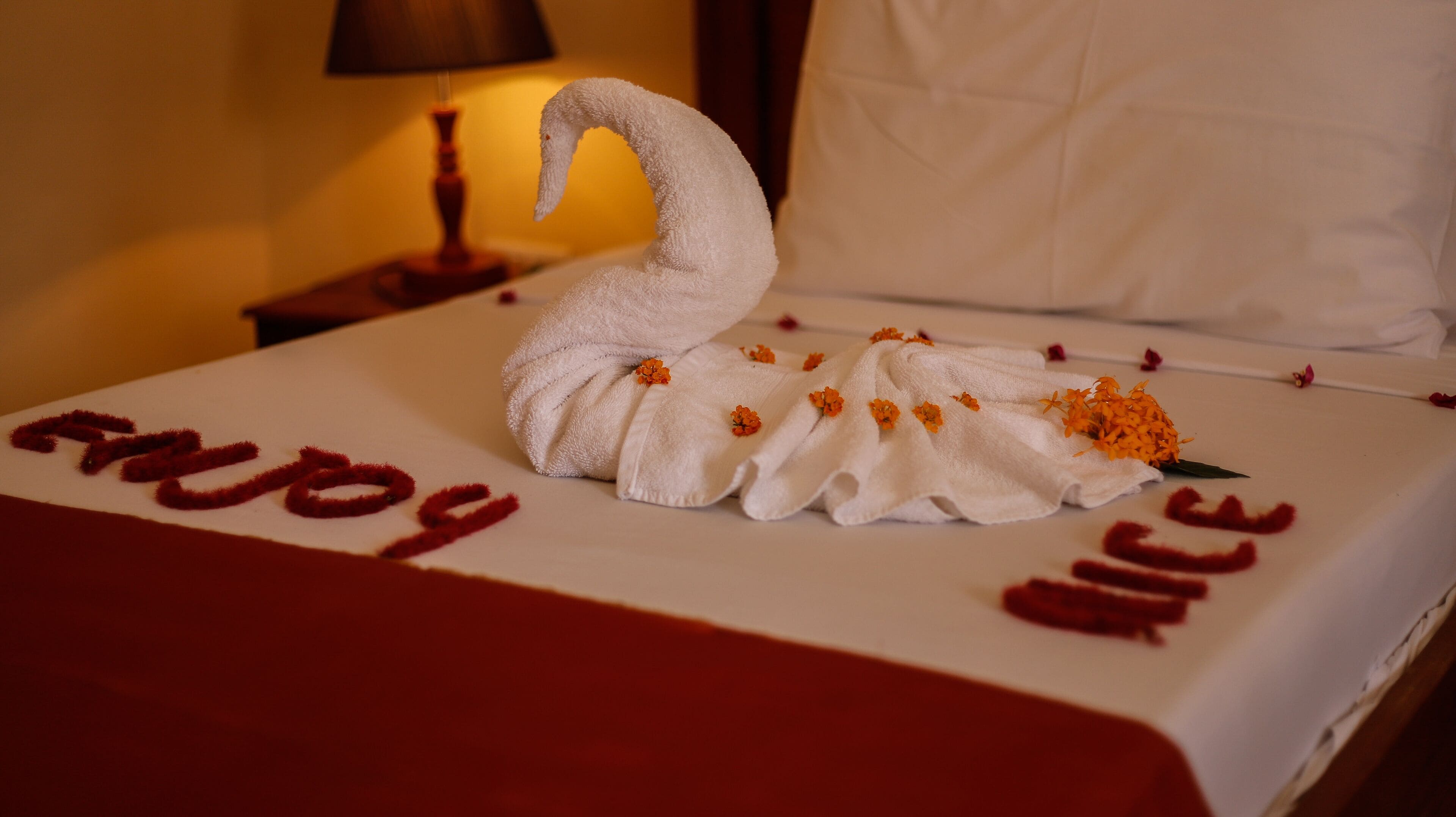 A bed with a towel shaped like a swan and the words "Happy Birthday" written on it.