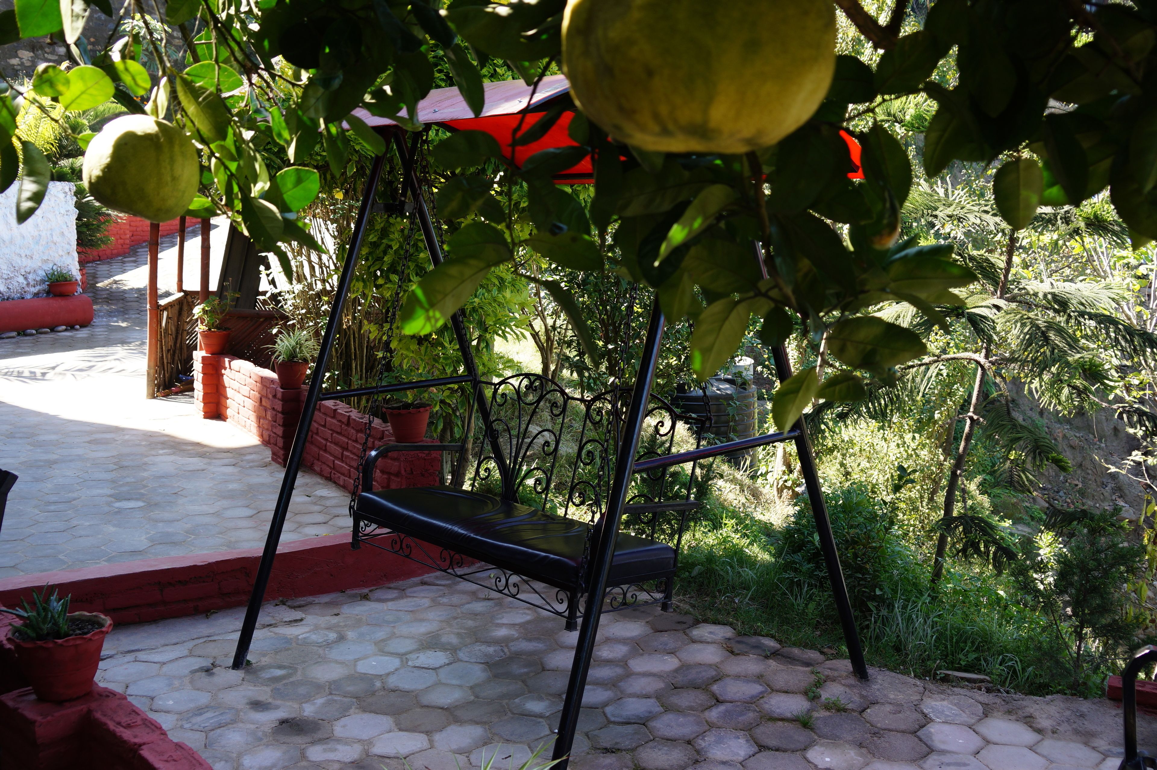 Un patio con una silla mecedora, plantas en macetas y un muro de ladrillo.