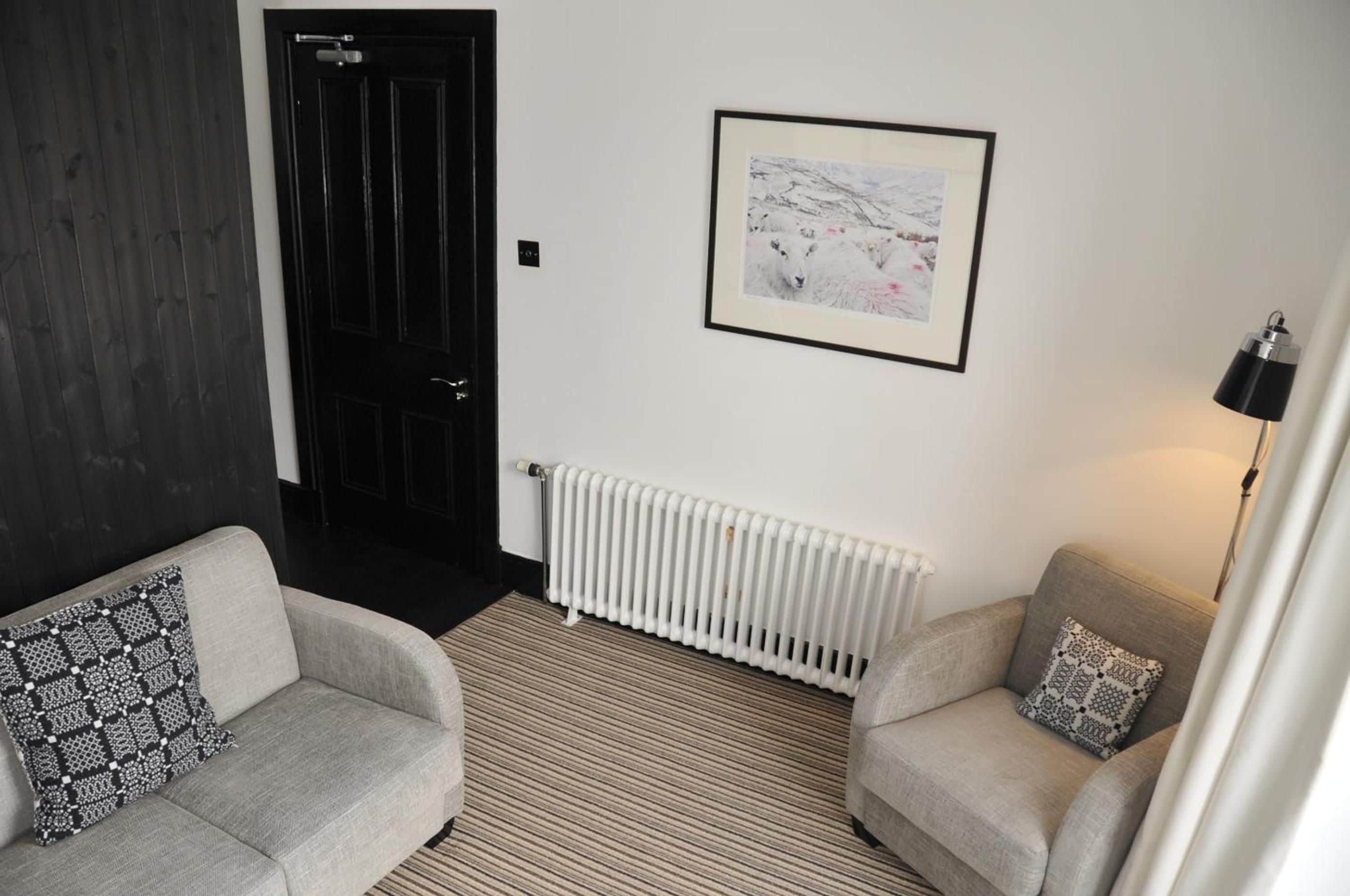 A room with two grey sofas, a framed picture on the wall, a radiator, and a door.
